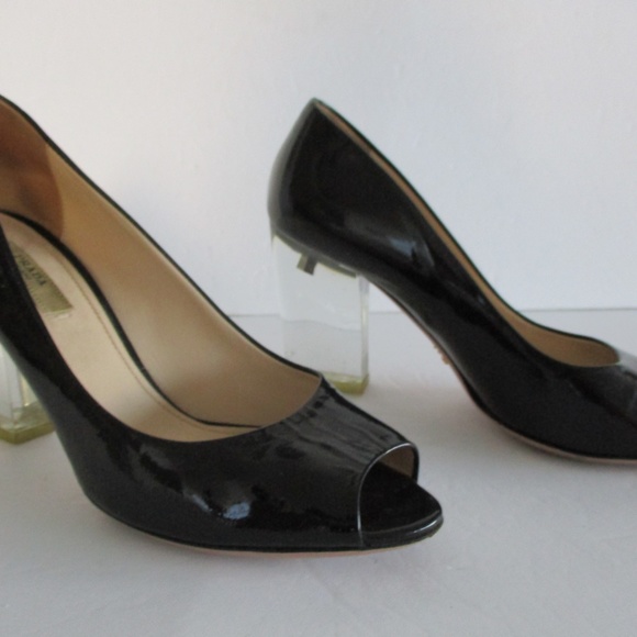 PRADA SHOES PUMP CLEAR HEELS PATENT BLACK COLOR SIZE 36 MADE IN ITALY USED COND. - Picture 14 of 16